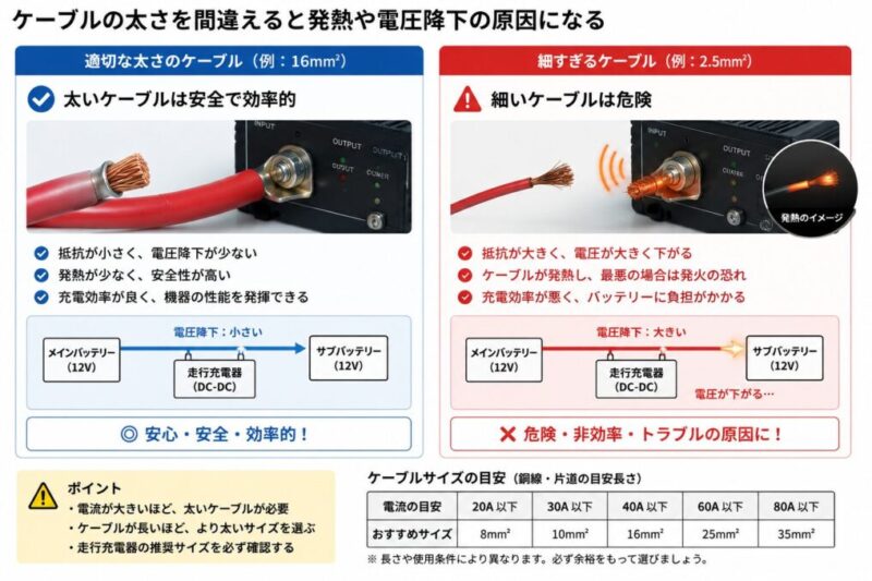 走行充電器に使うケーブルの太さの違いと発熱リスクを比較したイメージ