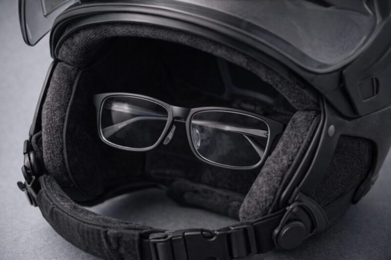 メガネ対応のバイザー付きヘルメットを確認するイメージ