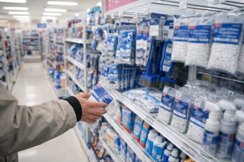 冬の店内で雪対策用品コーナーを探して商品を手に取る様子