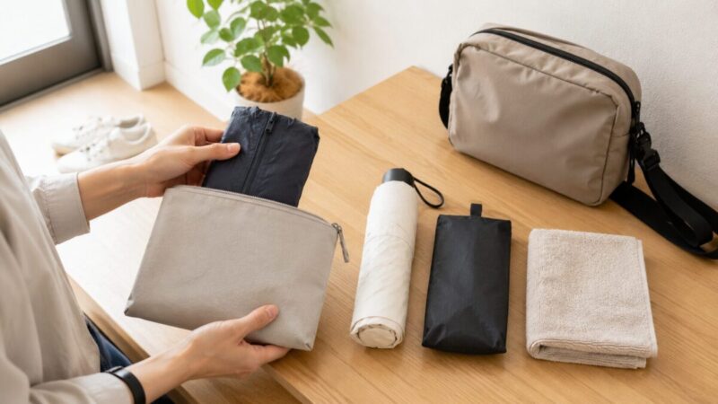 折り畳み傘やタオルと一緒に、薄手のレインウェアをシンプルなポーチへ入れて外出準備をしている様子。