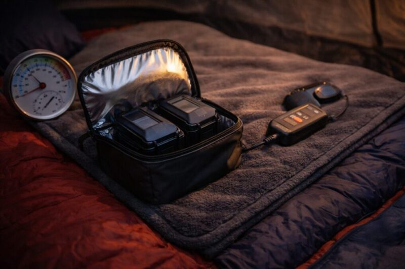 寒冷地でバッテリーを保温しながら電気毛布を運用するイメージ