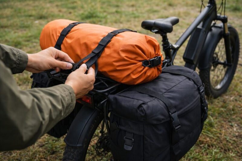 リアラックとパニアにドライバッグを固定して積載を安定させる様子