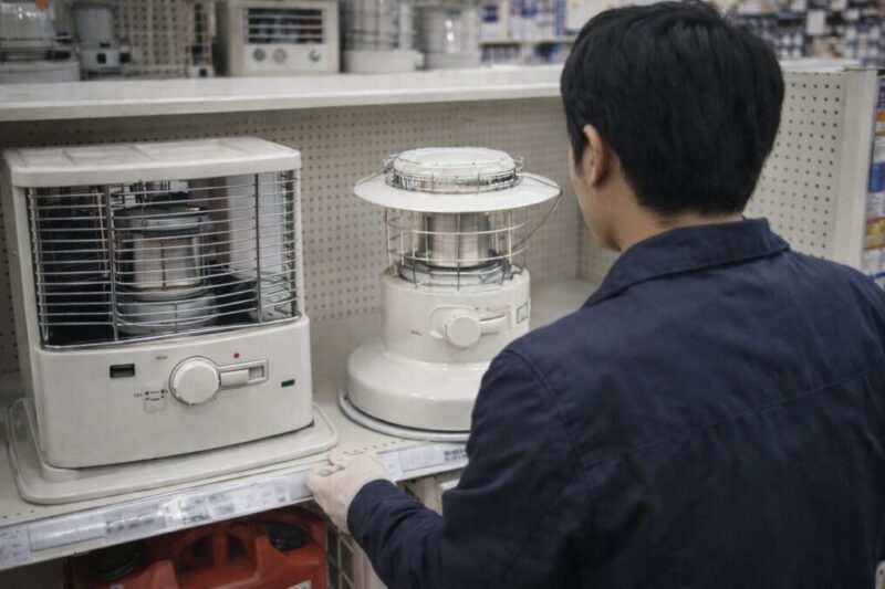 ホームセンターで石油ストーブを見比べてサイズ感や扱いやすさを確かめる様子