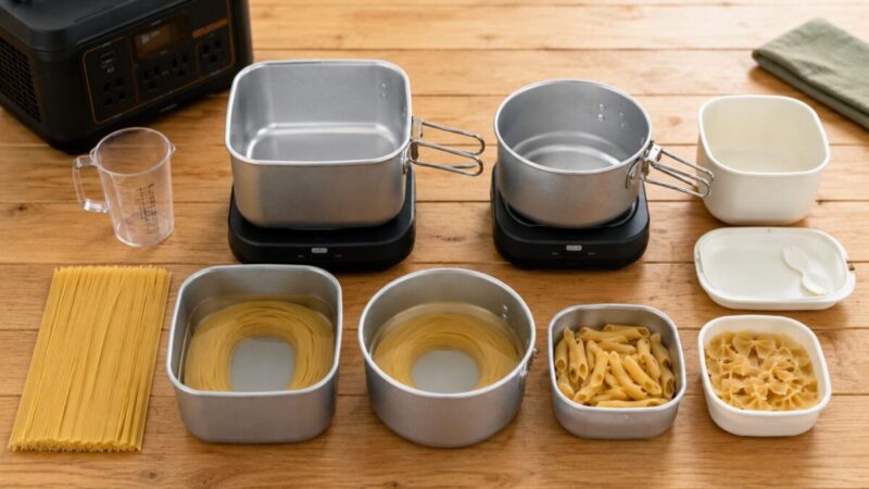 パスタ作りに使うトラベルクッカーの容量や形状を比較している様子