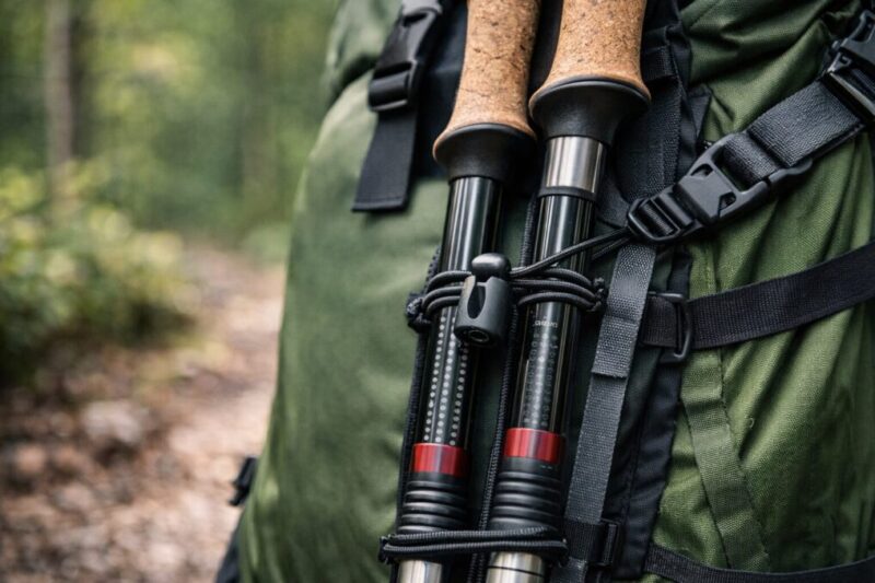 ゴムコードとコードロックでトレッキングポールを縦固定しているアップ