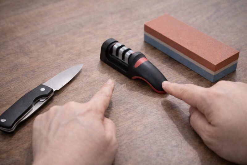 刃の素材に合わせて研ぎ道具を選び、手入れ方法を見比べるイメージ