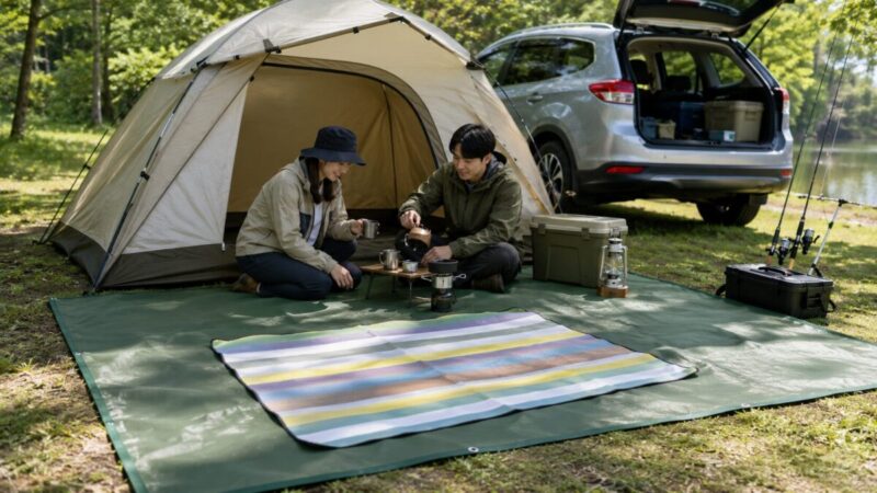 キャンプ場で防水シートとレジャーシートを使い分けて休憩スペースを作る様子