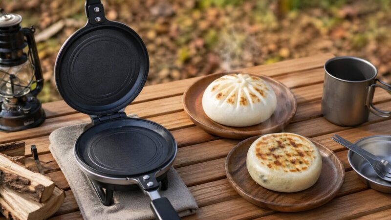 丸型ホットサンドメーカーで焼いた肉まんとおやきのイメージ