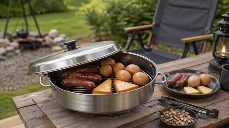 庭のテーブルに置いた丸型の燻製鍋で卵やソーセージ、チーズを燻製している様子