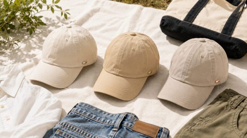 色味や金属アクセントが異なる3つのベージュキャップを外遊び向けの服装と並べた様子