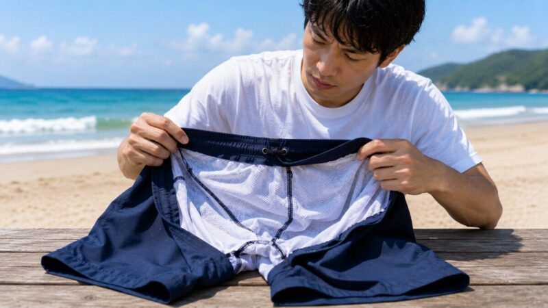 サーフパンツを裏返してメッシュインナーや縫い目を確認する男性