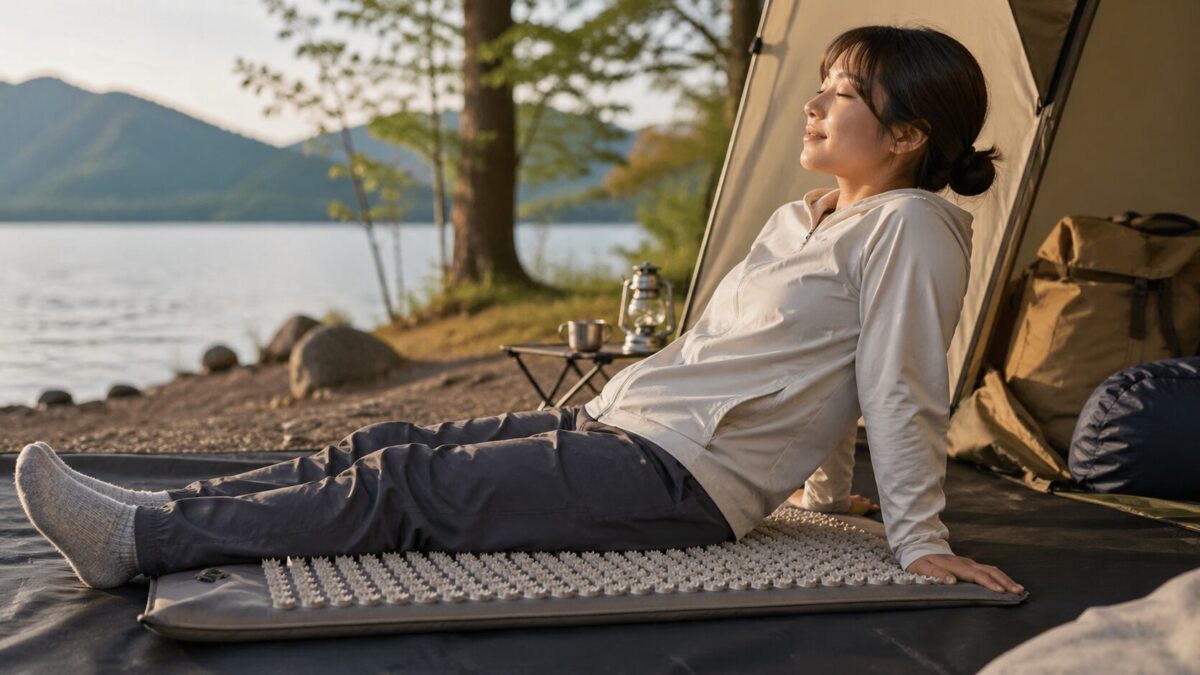 湖畔のキャンプ場で指圧マットを使いながら外遊び後にリラックスする様子。