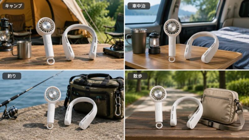 キャンプや車中泊、釣り、散歩で使う冷却プレート付きハンディファンと首掛け冷却アイテム