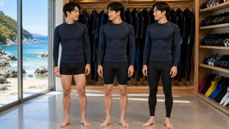 男性がウェットスーツの下に着るボクサー型・ショートスパッツ型・ロング丈スイムインナーの比較