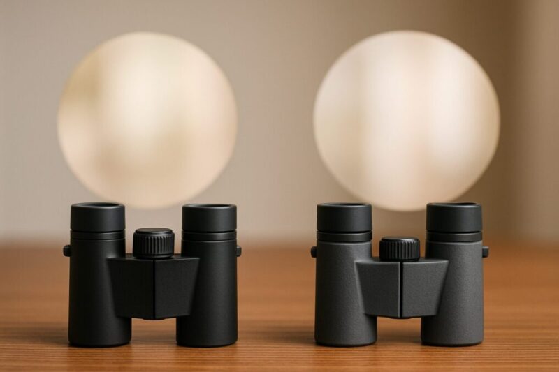 8倍と10倍の違いをイメージできるよう双眼鏡を2台並べた比較写真。