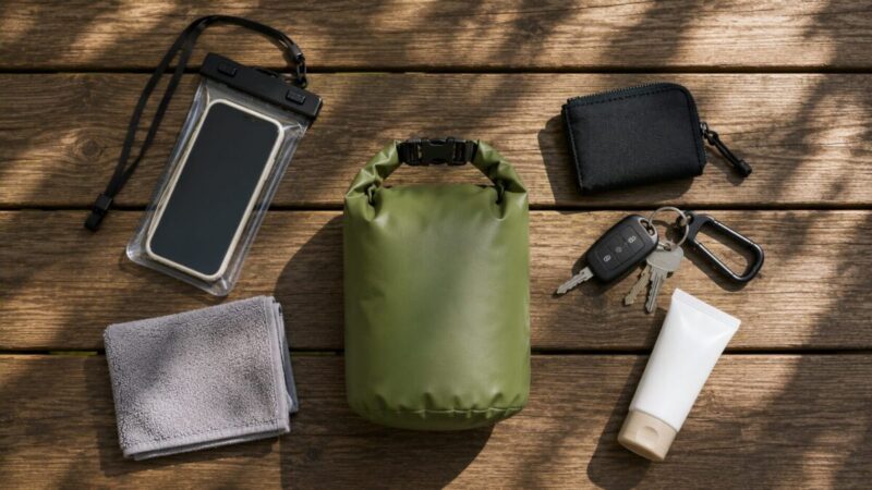 木製テーブルの上で小型のグリーンの防水バッグとスマートフォン用防水ケース、財布、鍵、タオル、日焼け止めを並べた様子