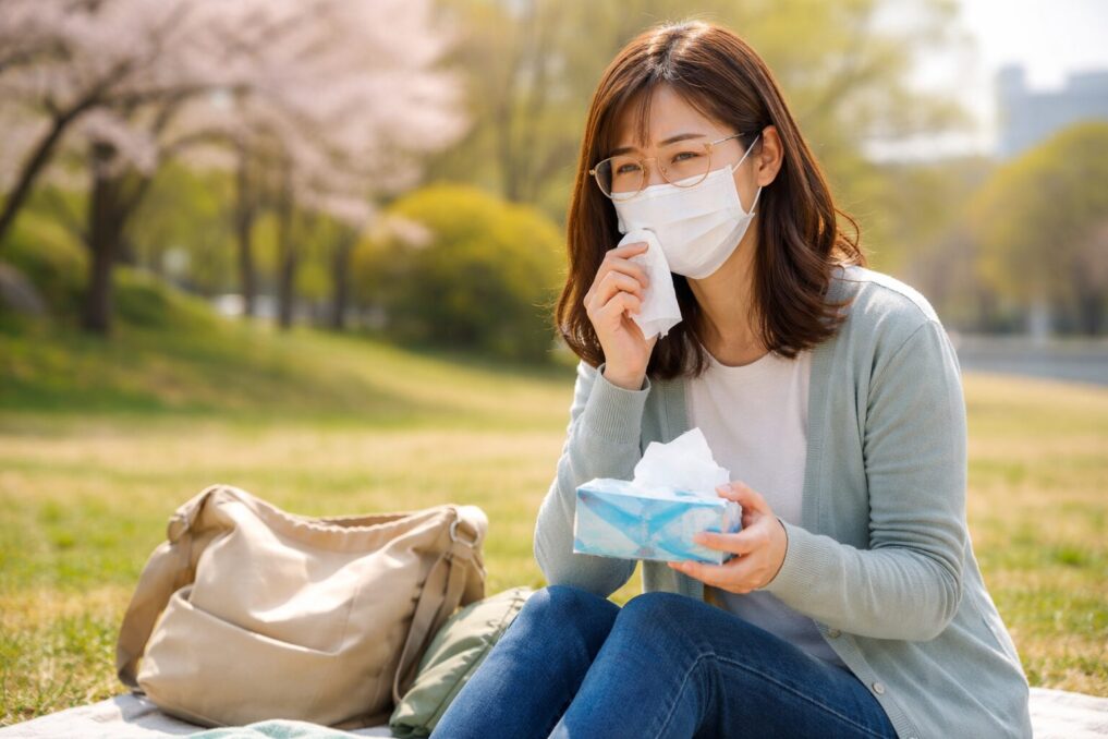 春の屋外で花粉症の鼻水やくしゃみに困りながら対策するイメージ