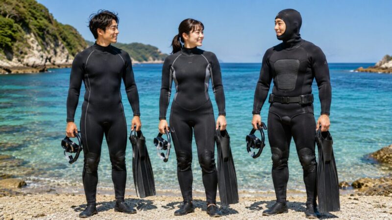 初心者向けの3mm・5mm・フード付きウェットスーツを海辺で比較する様子。