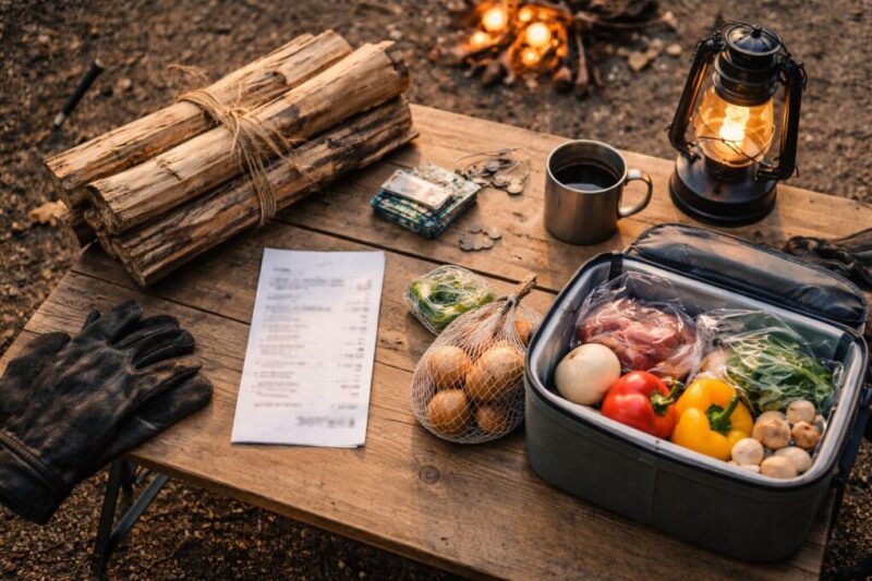 レシート風の紙と薪や食材が並ぶテーブルを俯瞰で写した費用イメージのカット
