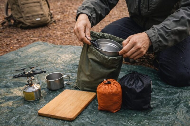 テーブルを省いたことで、道具を袋に戻すだけで撤収が進むソロキャンプの片付け風景