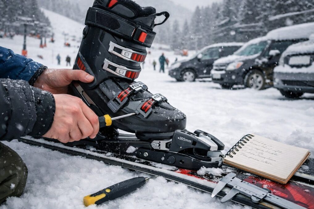 スキーブーツを買い替えたあと、スキー板のビンディング調整を確認している様子