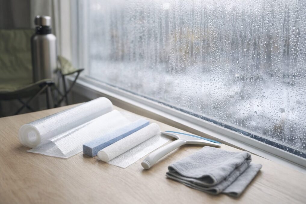 冬の窓辺で結露したガラスの前に、シートや吸水テープ、ワイパー、クロスなどの対策グッズを並べて比較しているイメージ