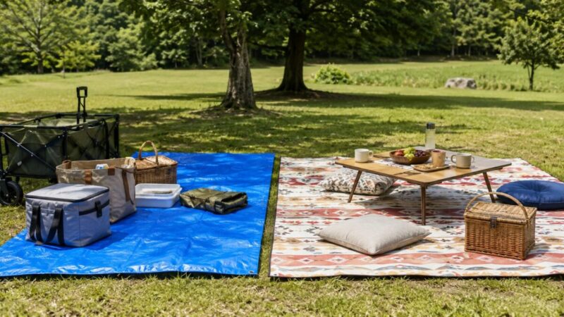 公園の芝生でブルーシートと柄付きレジャーシートを並べ、荷物置き用とくつろぎ用の違いを見せた外遊びイメージ