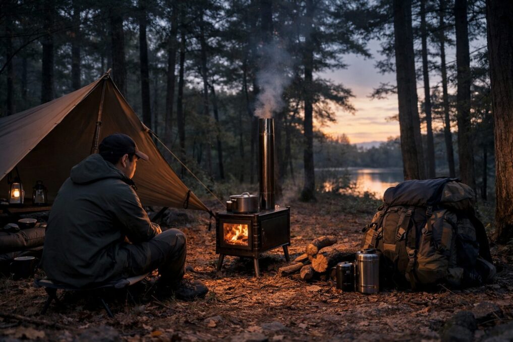 夕暮れの湖畔で小型薪ストーブに火を入れ、タープ下で暖を取る徒歩ソロキャンプの様子
