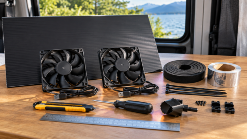 車中泊用換気扇の自作に使う黒いプラダン、USBファン、固定部品、カッターなどの材料と工具
