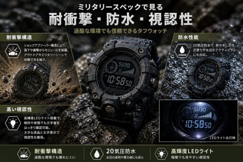 耐衝撃 防水 視認性を確認するミリタリー風腕時計