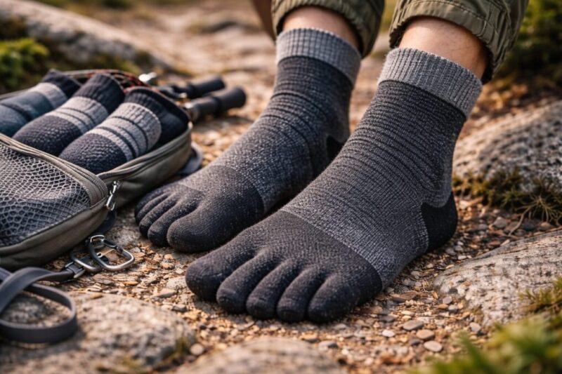登山道で5本指タイプの靴下を履いた足元を近くから写した写真