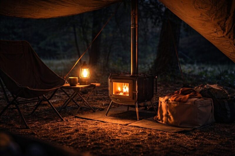 夜のタープ下で小型薪ストーブの炎がチェア周りを暖かく照らしているキャンプシーン