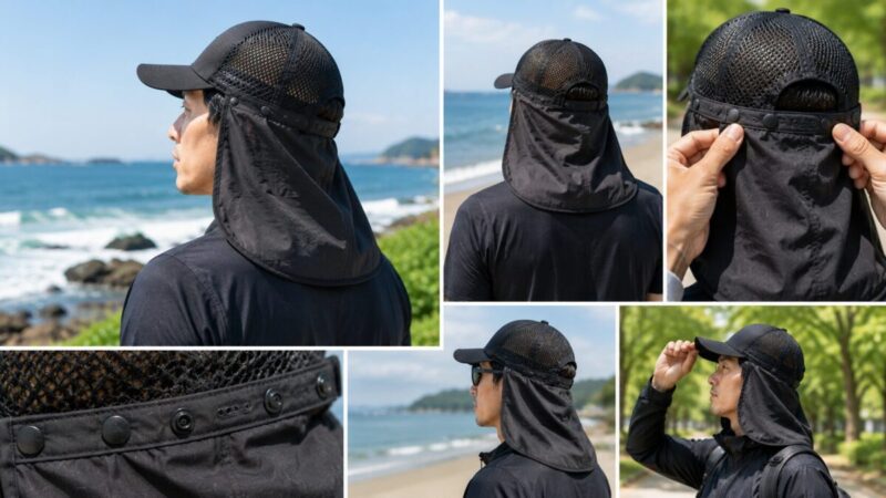 黒いメッシュキャップに後付けの日よけを装着し、海辺で首元を覆っている男性