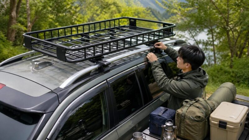 ルーフラックを取り付けたSUVの横でアウトドア用品を積載する準備をしている様子