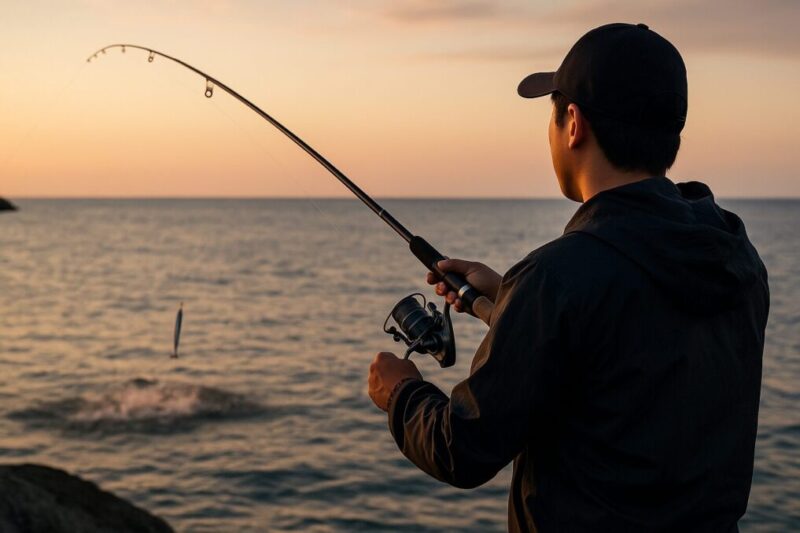 「夕マヅメの堤防で無地ロッドを使ってショアジギングを楽しむアングラー」