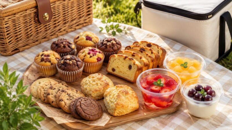 チェック柄クロスの上にミニマフィン、クッキー、スコーン、パウンドケーキ、カップデザートを木製トレーに並べたピクニックのおやつ。