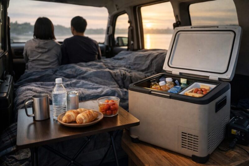 車中泊で冷蔵庫を使い朝食や飲み物を快適に楽しむ様子