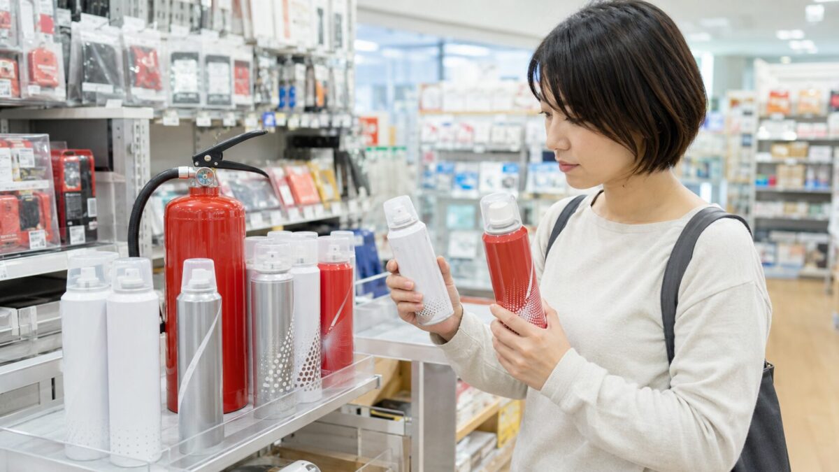 ホームセンターの防災用品売り場で消火スプレーと住宅用消火器を比較する様子