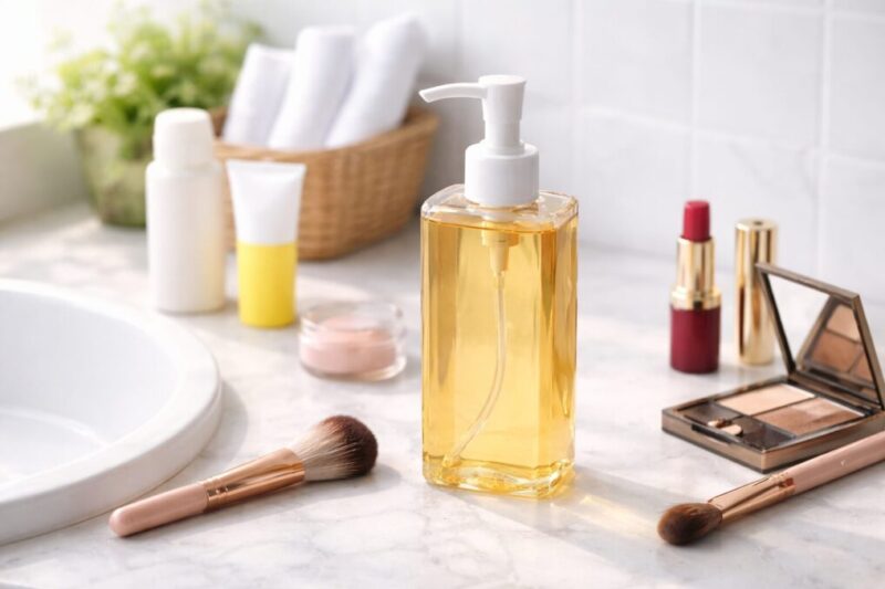 洗面台に置かれたクレンジングオイルとスキンケア小物の様子