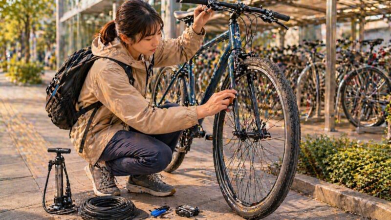 街中でクロスバイクのタイヤを点検している女性のイメージ。