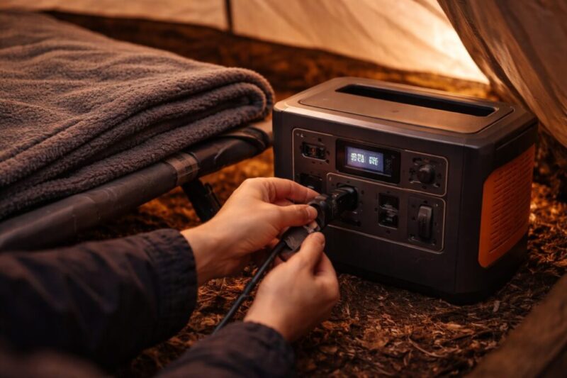 ポータブル電源から電気毛布へ給電しているキャンプ寝床の様子