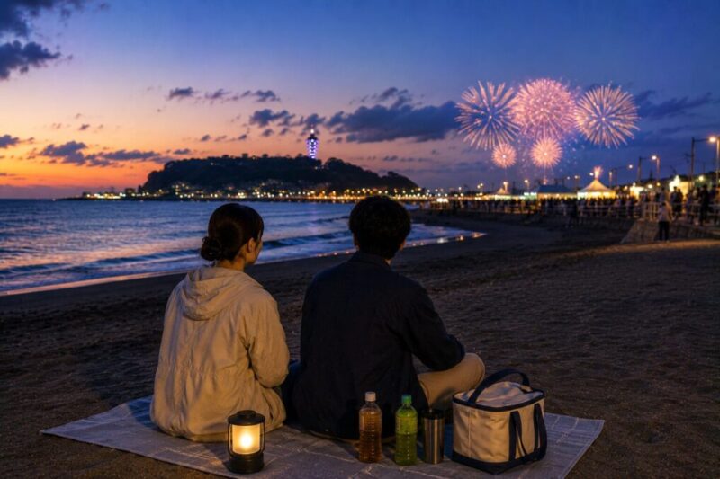 江ノ島を望む海岸で、レジャーシートに座って遠くの花火大会を観覧する大人2人