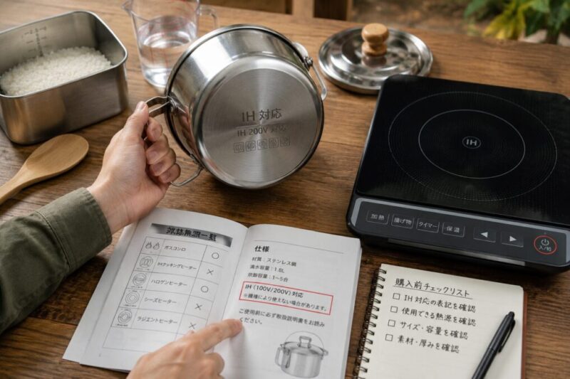 ライスクッカーがIH調理器に対応しているか底面や仕様を確認するイメージ