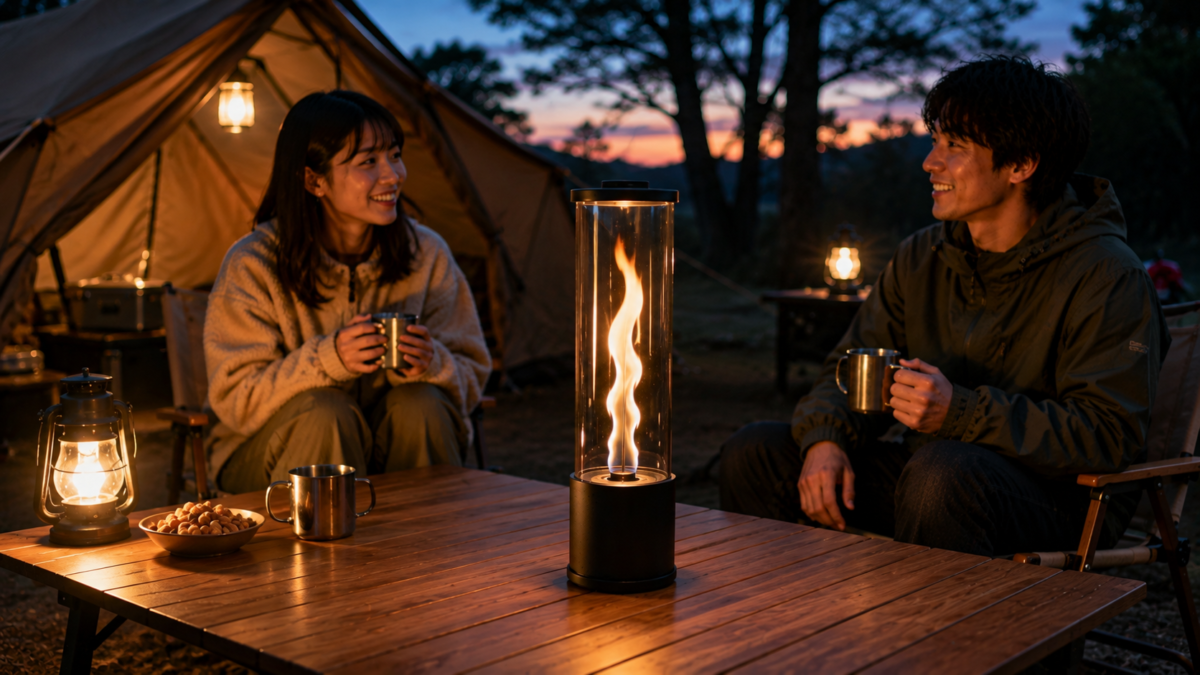 キャンプの夜にPATIO FLAME風ファイヤーランプの炎を楽しむ男女