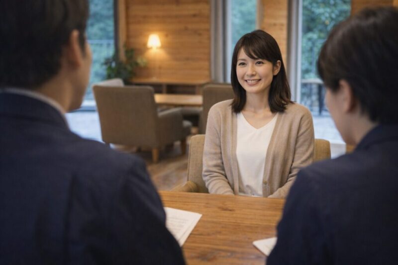 グランピング施設の面接をイメージした写真