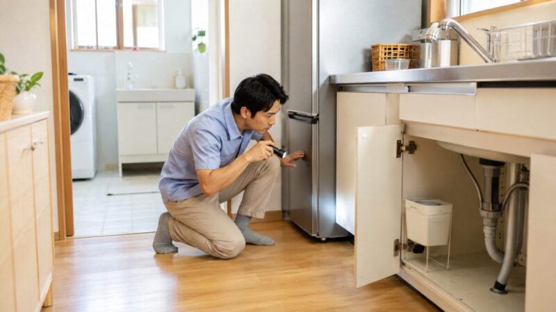 キッチンの冷蔵庫横とシンク下を懐中電灯で確認し、害虫が潜みやすい場所を点検している様子