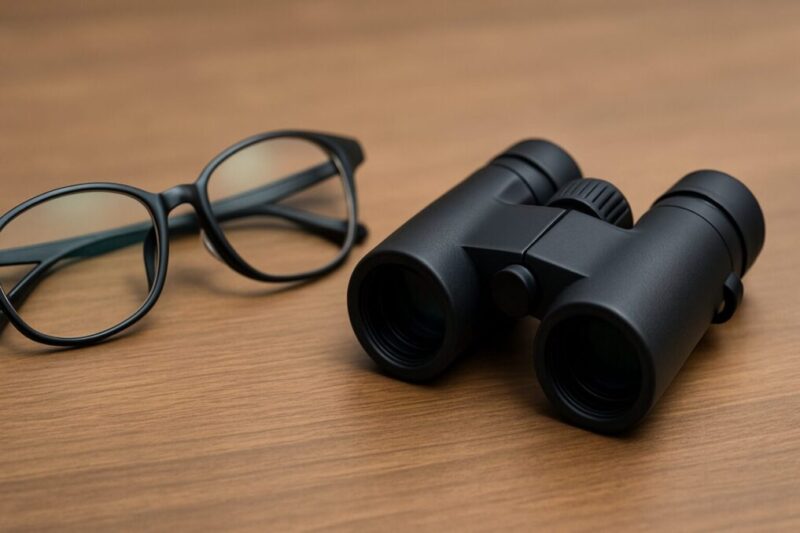 メガネと双眼鏡を机の上に並べ、目元に当てる部分の形が分かるように撮影して、メガネ使用時の見え方の違いを連想できるイメージ