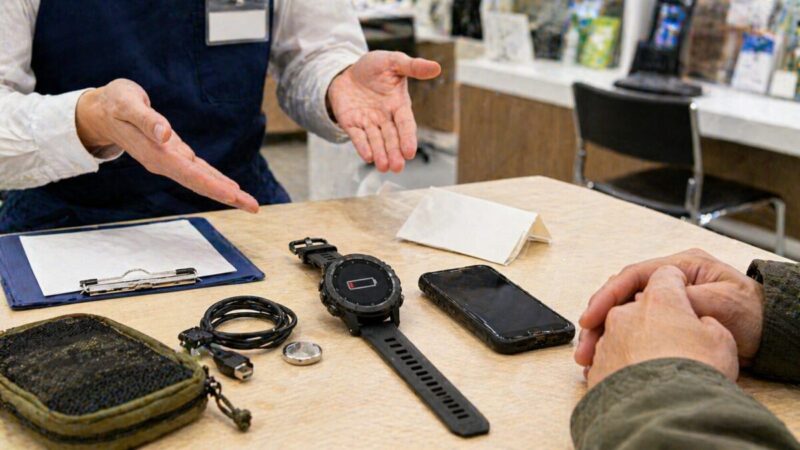 スマートウォッチと充電ケーブルを持って店舗で修理相談をしている様子。
