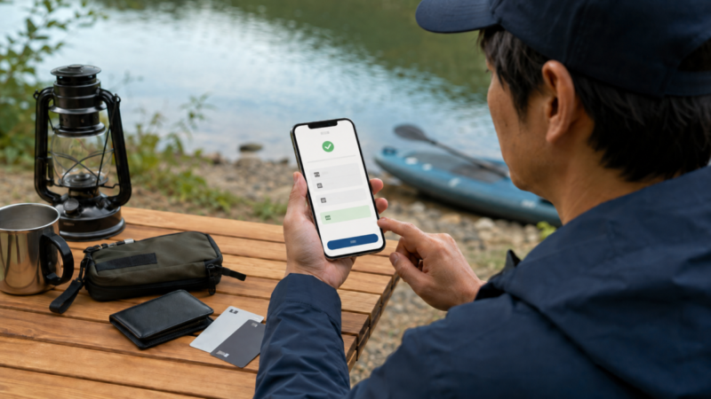 外遊びの予約前にスマートフォンでクーポン適用と予約内容を確認する男性