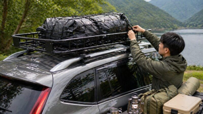 ルーフラックに大きな防水バッグを載せて固定し、アウトドア用品を積載している様子